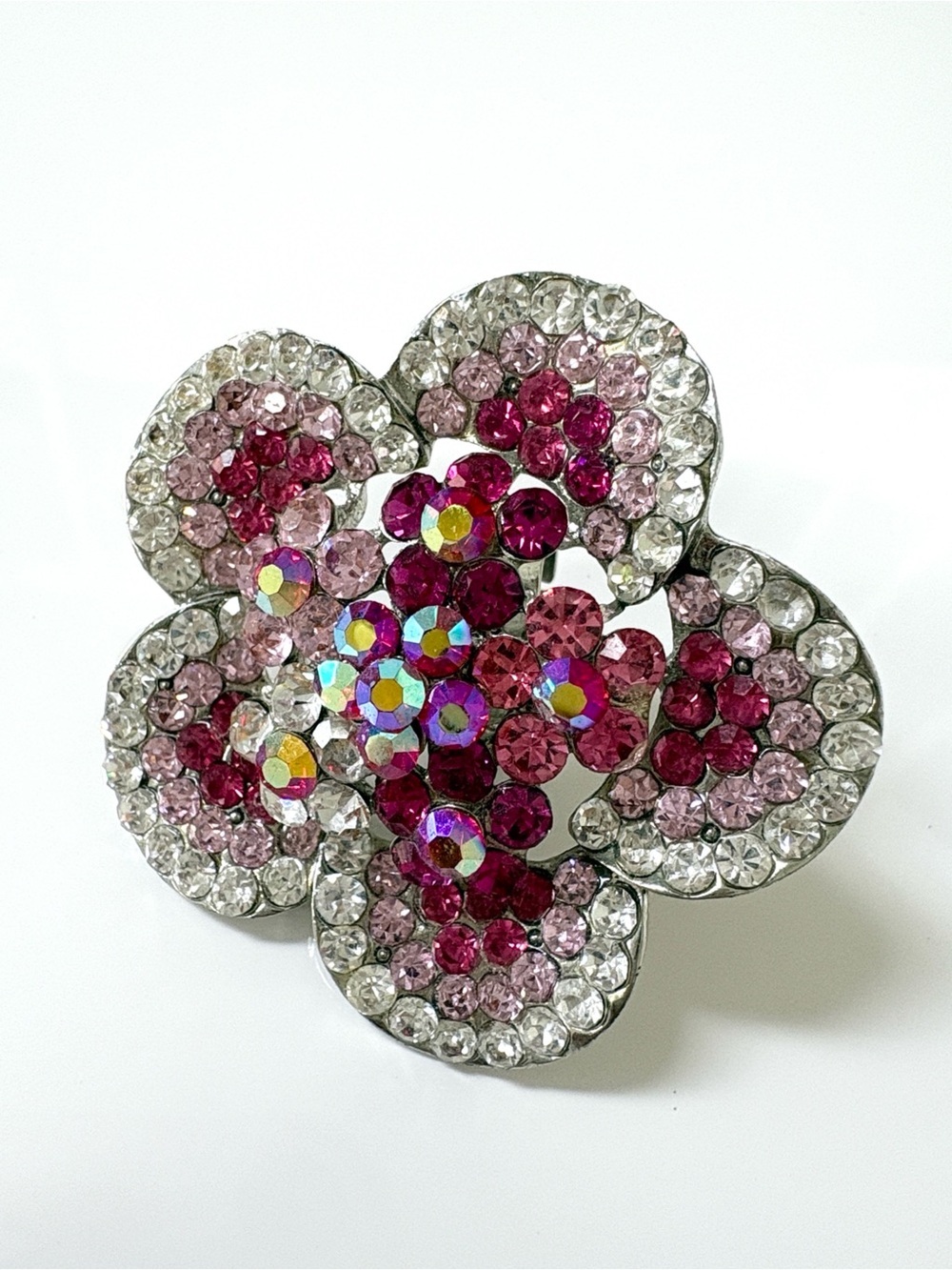 Silver-Tone Pink Crystal Floral Statement Cocktail Ring - Adjustable Size